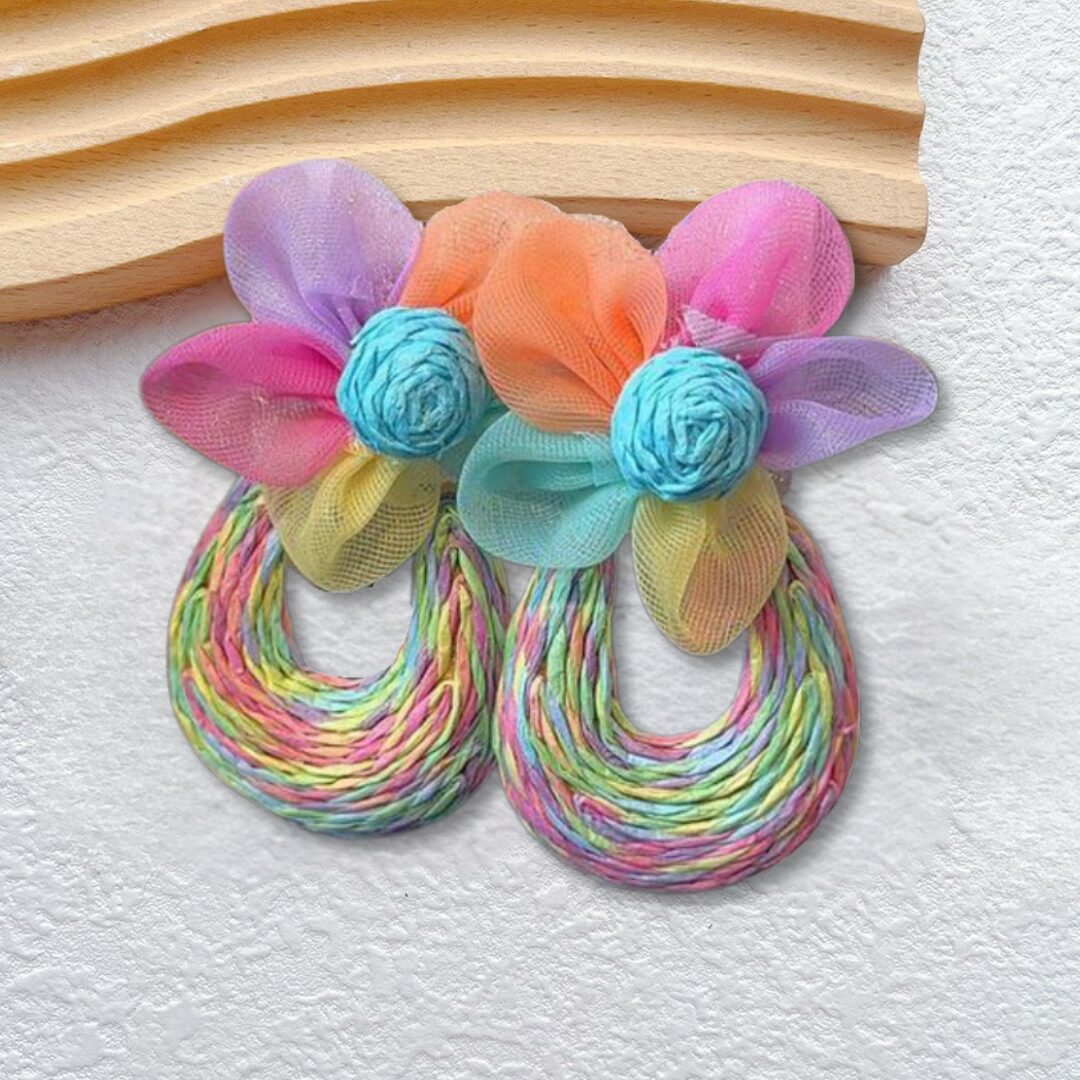 Rainbow Flower w Rattan Tear Drop Earrings - Image 2