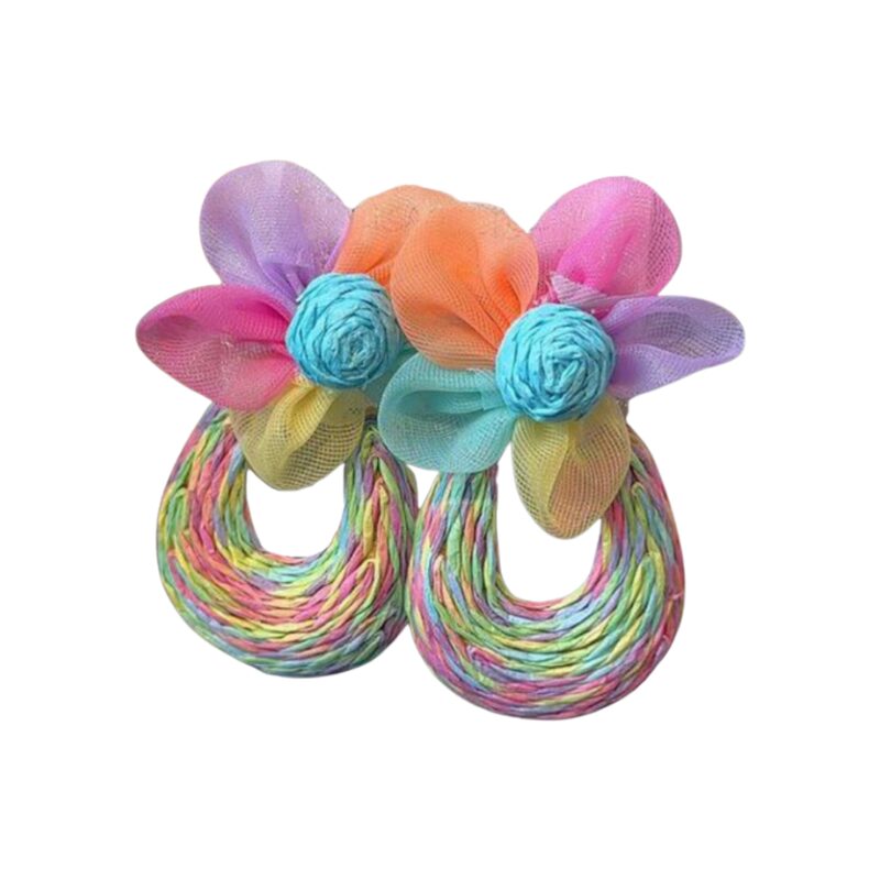 Rainbow Flower w Rattan Tear Drop Earrings