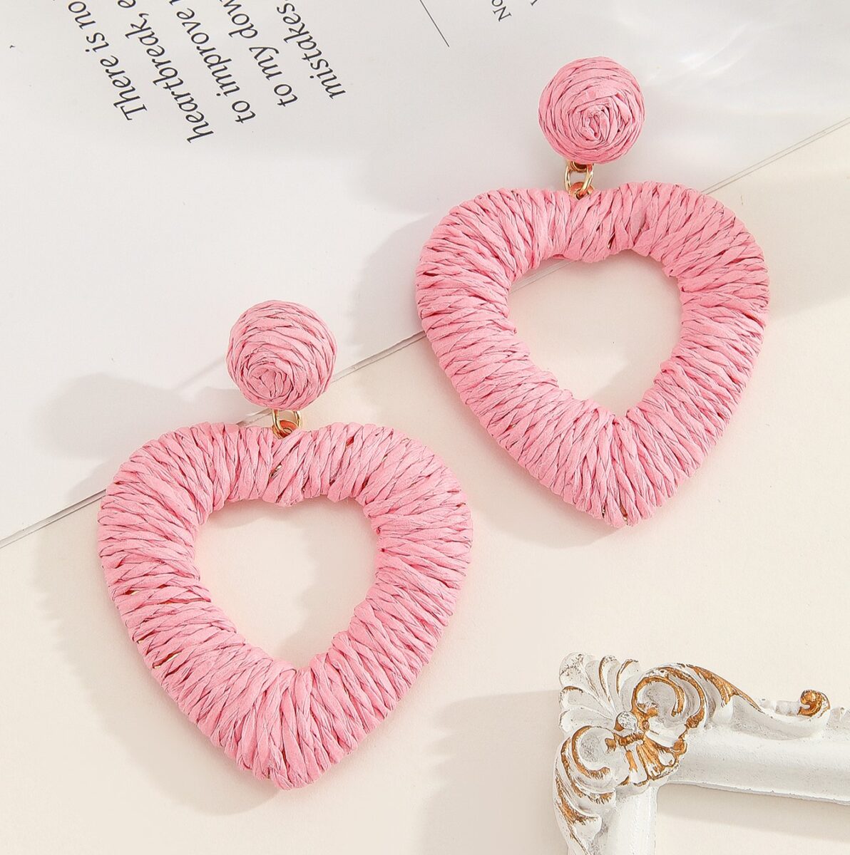 Baby Pink Heart Rattan Earrings - Image 2
