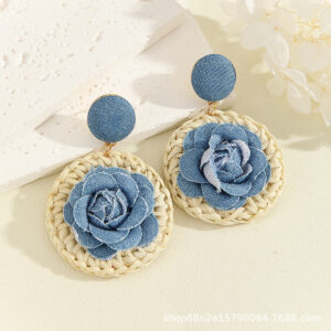 Alternative view of Blue Rose on Circle Rattan Earrings